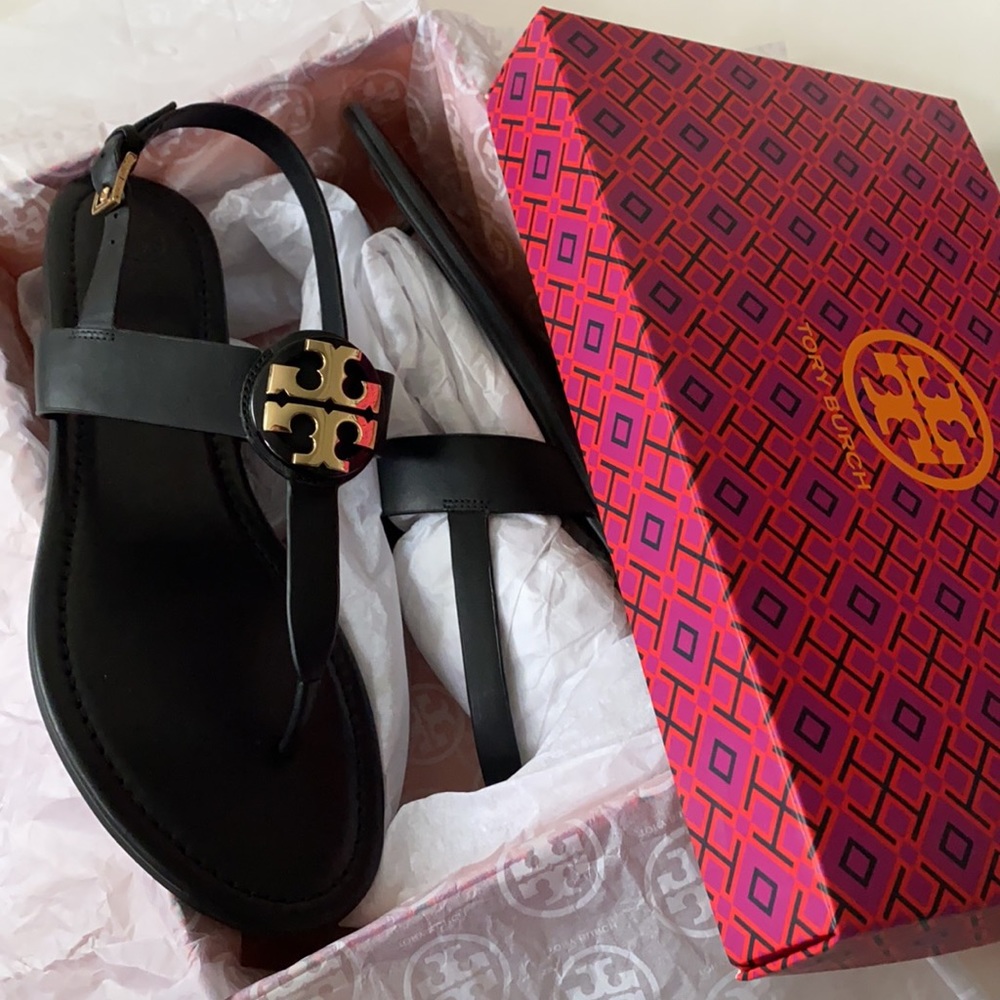 Tory Burch Claire Leather Flat Thong Sandal Black - Picture 12 of 15